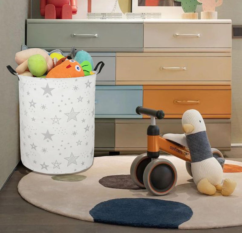 ACMUUNI 19.7 Inch Round Laundry Clothes Hamper Laundry Basket with Handles,Storage Organizer Bins Laundry Gift Basket for Room, Bedroom Decor (Grey Star) - Image 2